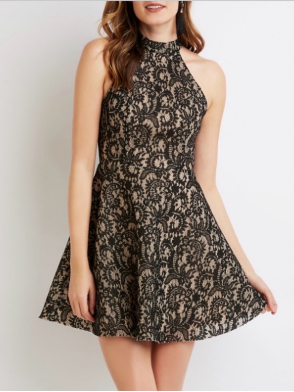 Charlotte Russe Lace Skater Dress in Black and Nude
